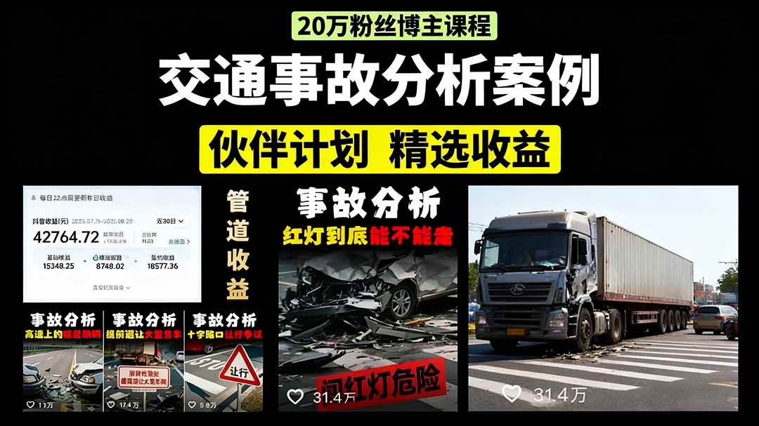 (15995期)交通事故分析案例短视频,剪辑技巧+文案模板+配音教学+快速起号 月收益2w+-3YVIP资源库