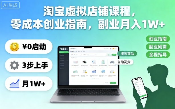 淘宝虚拟店铺课程,零成本创业指南,副业月入1W+-3YVIP资源库