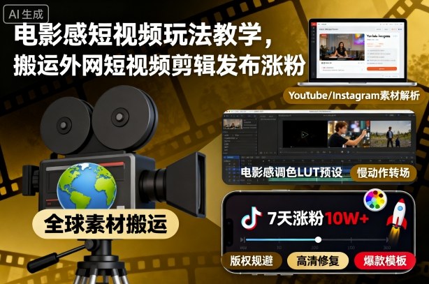电影感短视频玩法教学,搬运外网短视频剪辑发布涨粉-3YVIP资源库