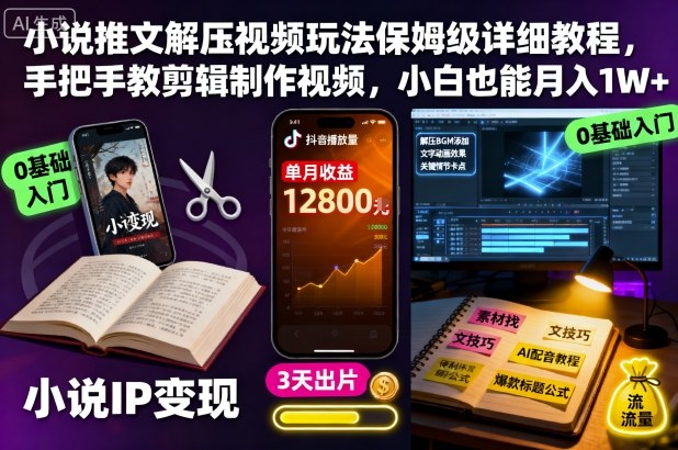 小说推文解压视频玩法保姆级详细教程,手把手教剪辑制作视频,小白也能月入1W+-3YVIP资源库