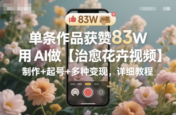 单条作品获赞83W,用AI做【治愈花卉视频】,制作+起号+多种变现,详细教程-3YVIP资源库