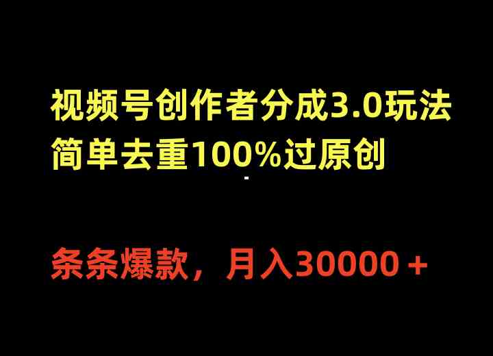 （10001期）视频号创作者分成3.0玩法，简单去重100%过原创，条条爆款，月入30000＋-3YVIP资源库
