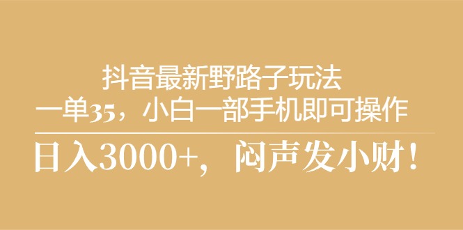 （10766期）抖音最新野路子玩法，一单35，小白一部手机即可操作，，日入3000+，闷…-3YVIP资源库