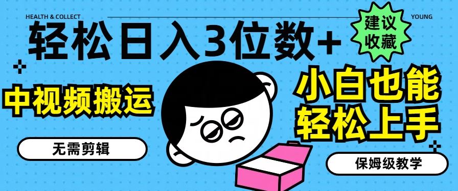 轻松日入3位数+，中视频搬运，无需剪辑，小白也能轻松上手，保姆级教学【揭秘】-3YVIP资源库