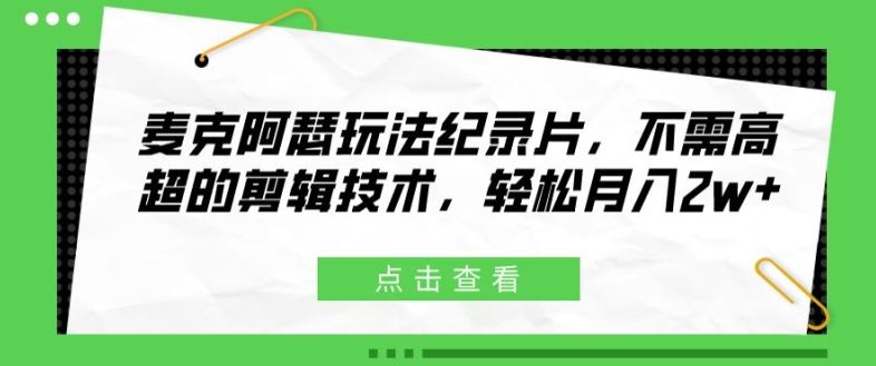 麦克阿瑟玩法纪录片，不需高超的剪辑技术，轻松月入2w+【揭秘】-3YVIP资源库