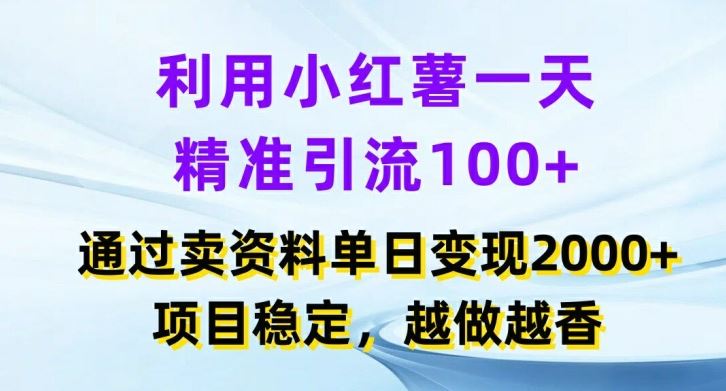 利用小红书一天精准引流100+，通过卖项目单日变现2k+，项目稳定，越做越香【揭秘】-3YVIP资源库