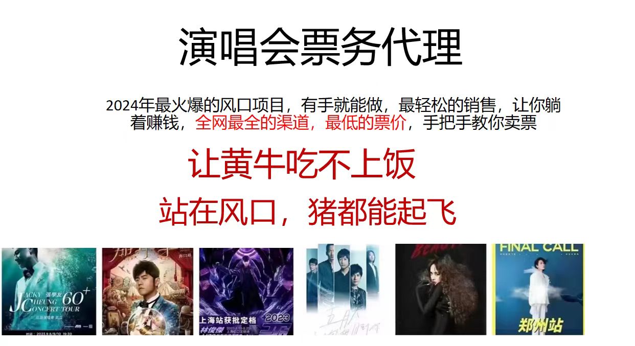 演唱会票务代理，2024年最火爆风口项目，全网最低的票价，小白一分钟上手日入2000+-3YVIP资源库