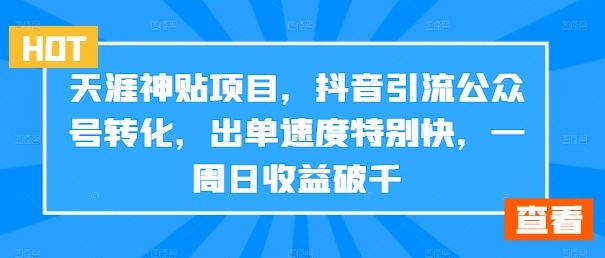 天涯神贴项目，抖音引流公众号转化，出单速度特别快，一周日收益破千-3YVIP资源库