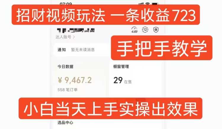 招财视频玩法，一条视频收益723，手把手教学，小白当天可上手-3YVIP资源库