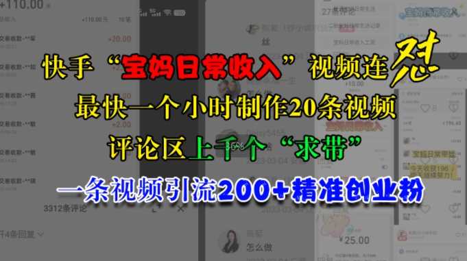 快手“宝妈日常收入”视频连怼，一个小时制作20条视频，评论区上千个“求带”，一条视频引流200+精准创业粉-3YVIP资源库