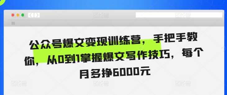 公众号爆文变现训练营，手把手教你，从0到1掌握爆文写作技巧，每个月多挣6000元-3YVIP资源库