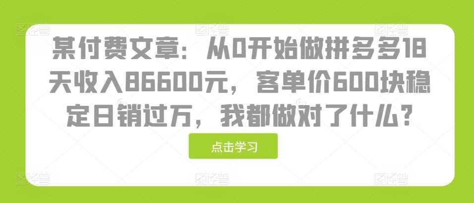 某付费文章：从0开始做拼多多18天收入86600元，客单价600块稳定日销过万，我都做对了什么?-3YVIP资源库