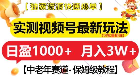 实测视频号最新玩法，中老年赛道，独家资源，月入过W+【揭秘】-3YVIP资源库