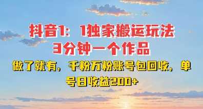 DY独家1：1搬运玩法，3分钟搞定一个作品，千粉万粉账号包回收，单号日收益2张【揭秘】-3YVIP资源库