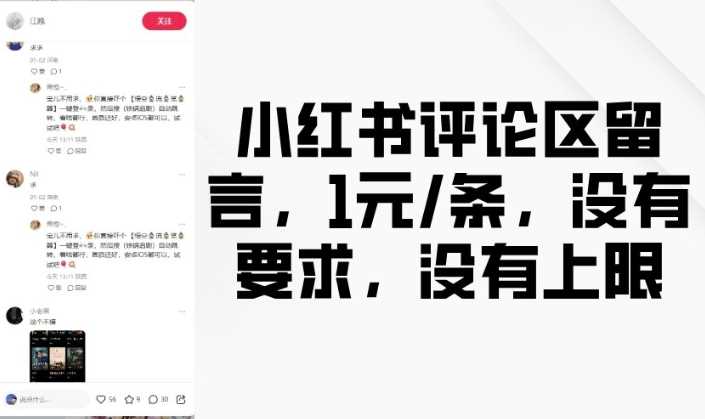 小红书评论区留言，1元条，没有要求，没有上限-3YVIP资源库