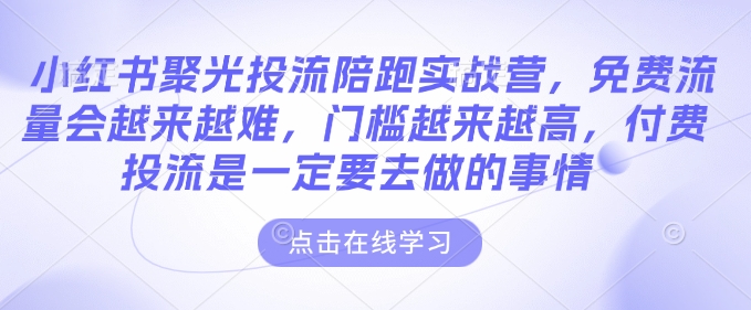 小红书聚光投流陪跑实战营，免费流量会越来越难，门槛越来越高，付费投流是一定要去做的事情-3YVIP资源库