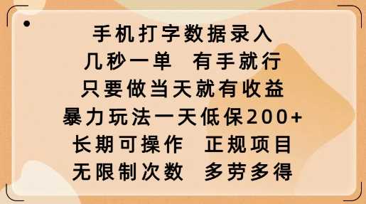 手机打字数据录入，几秒一单，有手就行，只要做当天就有收益，暴力玩法一天低保2张-3YVIP资源库