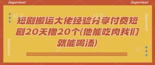 短剧搬运大佬经验分享付费短剧20天撸20个(他能吃肉我们就能喝汤)-3YVIP资源库