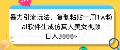 暴力引流玩法，复制粘贴一周1w粉，ai软件生成仿真人美女视频，日入多张-3YVIP资源库