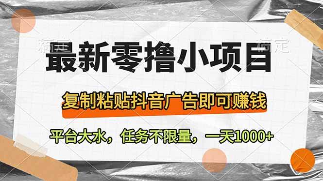 （14230期）最新零撸小项目，复制粘贴抖音广告即可赚钱，平台大水，任务不限量，一…-3YVIP资源库