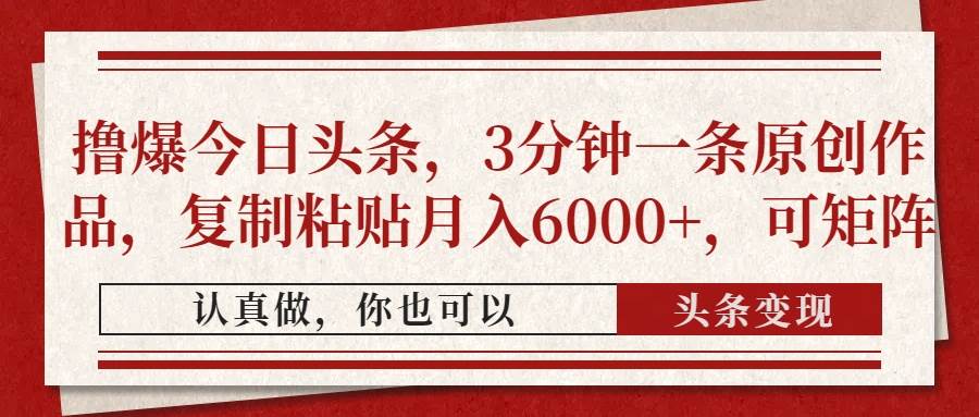 （14437期）撸爆今日头条，3分钟一条原创作品，复制粘贴月入6000+，可矩阵-3YVIP资源库