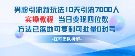 男粉引流新玩法10天引流7000人当日变现四位数可复制可批量0封号-3YVIP资源库