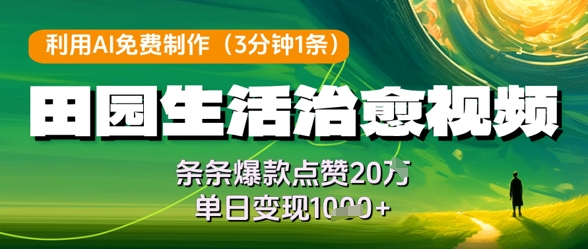 利用AI免费制作田园生活治愈视频，条条爆款点赞20W，单日变现几张-3YVIP资源库