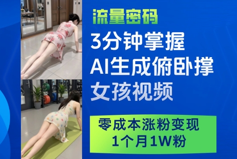 3分钟掌握AI生成俯卧撑女孩视频，零成本涨粉变现，1个月1W粉-3YVIP资源库