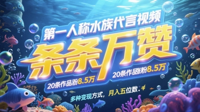 第一人称水族代言视频，条条万赞，20条作品涨粉7.8W，多种变现方式月入五位数-3YVIP资源库