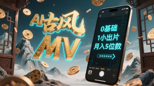AI一键生成古风音乐MV，0剪辑基础1小时出片，多种变现渠道，一部手机月入5位数-3YVIP资源库