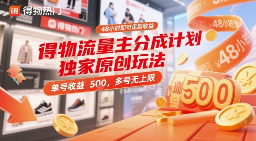 得物流量主分成计划独家原创玩法，48小时即可见到收益，单号收益5张，多号无上限【揭秘】-3YVIP资源库