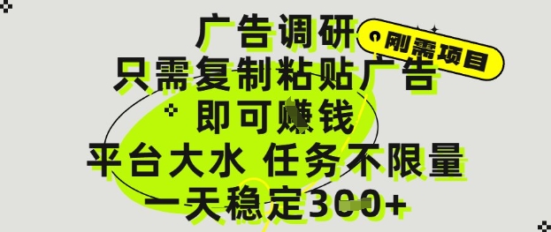 广告调研项目，只需复制粘贴广告即可挣钱，平台大水，任务不限量，一天3张【揭秘】-3YVIP资源库