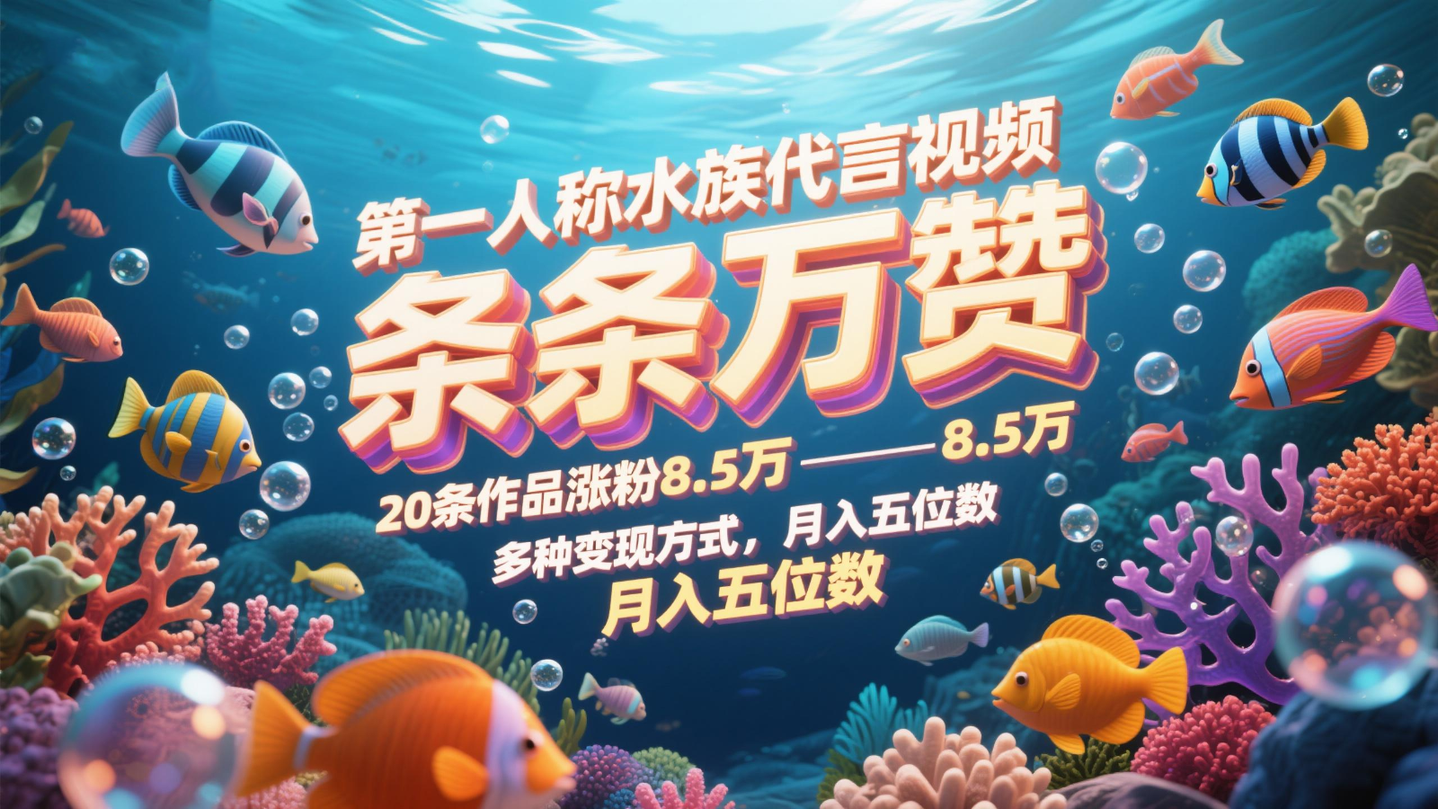 第一人称水族代言视频，条条万赞，20条作品涨粉8.5万，多种变现方式月，入五位数-3YVIP资源库