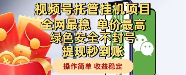 视频号托管挂G项目全网最稳，单价最高，绿色安全不封号提现秒到账，操作简单，收益稳定【揭秘】-3YVIP资源库