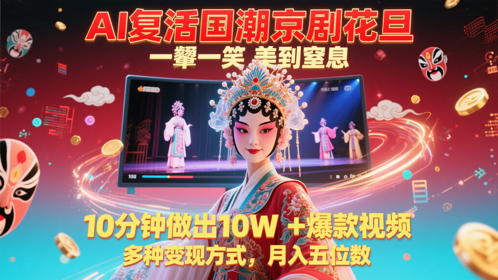 AI复活国潮京剧花旦，一颦一笑美到窒息，10分钟做出10W+爆款视频，多种变现方式-3YVIP资源库