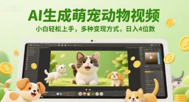 AI生成萌宠动物视频，小白轻松上手，多种变现方式，日入4位数-3YVIP资源库