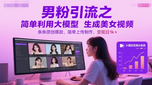 男粉引流之简单利用大模型生成美女视频，条条原创爆款，简单上传制作，变现日1k+-3YVIP资源库