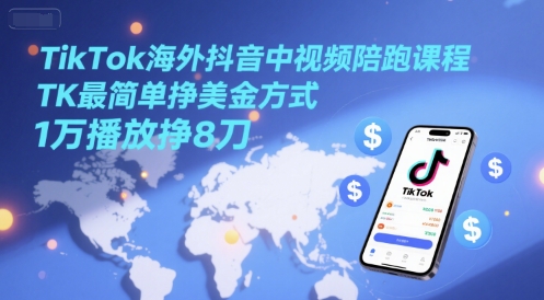TikTok海外抖音中视频陪跑课程，TK最简单挣美金方式，1万播放挣8刀-3YVIP资源库