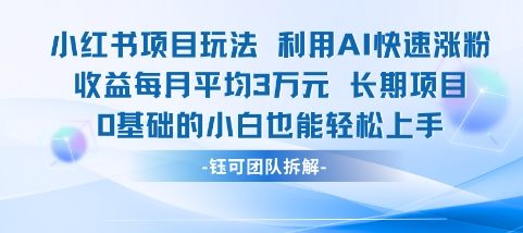 适合小白操作的小红书新项目，利用AI快速涨粉，收益每月平均1W+-3YVIP资源库