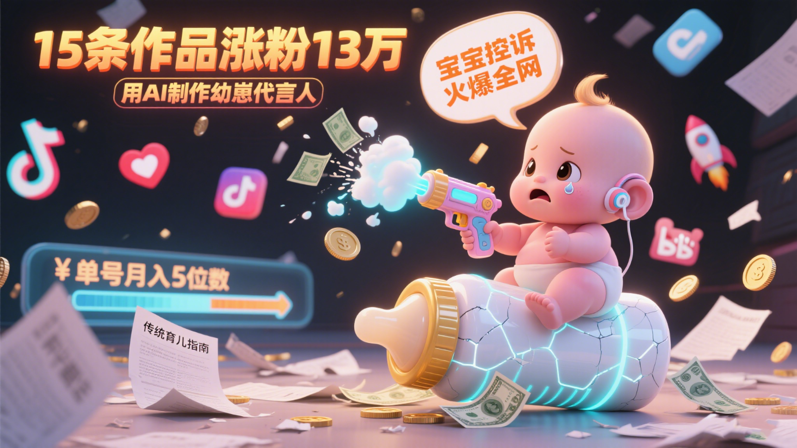 用AI制作幼崽代言人，宝宝的控诉火爆全网，15条作品涨粉13万，单号月入5位数实操教程-3YVIP资源库