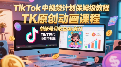 TikTok中视频计划保姆级教程，TK原创动画课程，单账号月收益4k美刀-3YVIP资源库