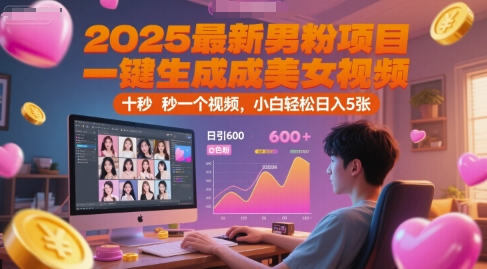 2025最新男粉项目，一键生成美女视频，日引600+色粉 十秒一个视频，小白轻松日入5张【揭秘】-3YVIP资源库