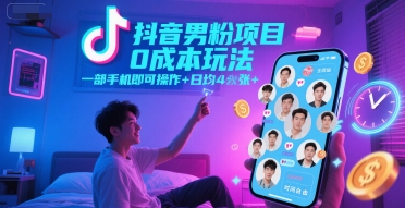 抖音男粉项目0成本玩法，一部手机即可操作，日均4张+，时间自由-3YVIP资源库