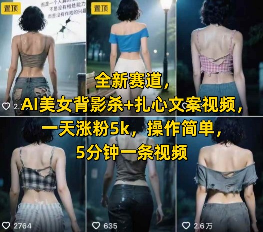 全新赛道，AI美女背影杀+扎心文案视频，一天涨粉5k，操作简单，5分钟一条视频-3YVIP资源库
