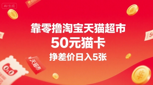 靠零撸淘宝天猫超市50元猫卡，挣差价日入5张-3YVIP资源库