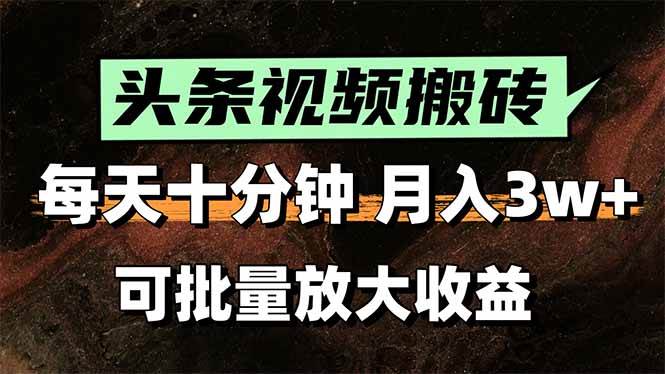 （15400期）头条视频搬砖，每天10分钟，小白轻松月入3万+，可批量放大收益-3YVIP资源库