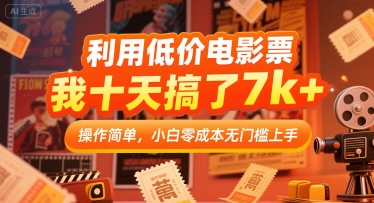 利用低价电影票，我十天搞了7k+，操作简单，小白零成本无门槛上手【揭秘】-3YVIP资源库
