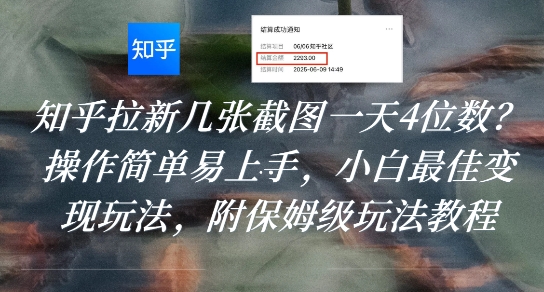 知乎拉新几张截图一天4位数？操作简单易上手，小白最佳变现玩法，附保姆级玩法教程-3YVIP资源库