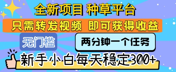 全新项目 种草平台 只需要转发任务视频 即可获得收益 新手小白每天稳定3张+【揭秘】-3YVIP资源库