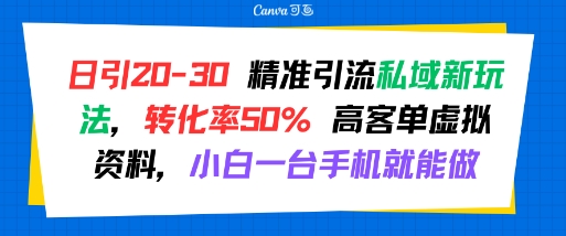 日引 20-30 精准引流私域新玩法，转化率50% 高客单虚拟资料，小白一台手机就能做-3YVIP资源库